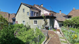 Gartenfassade des Altstadthauses Laufenburg CH mit Dachterrasse, privatem Garten und begrünten Aussenbereichen.